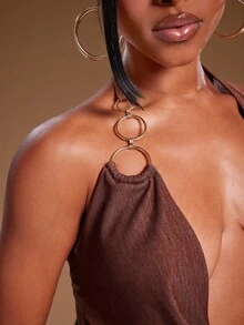 Denimoi 2 Pieces Faux Denim Effect Stretch Knit Halter Top And Capri Pant Set - Brown - View 2