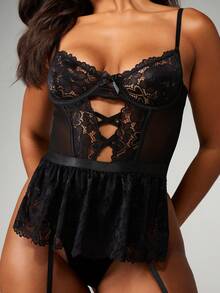 MISSGUIDED Lace Bustier Bodysuit With Cut Out Details And Garter Straps For Intimate Occasions - Black - View 4