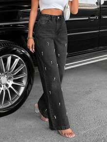 EURMUSE Women Petite High Waist Pearl Detail Casual Straight Denim Jeans - Dark Grey - View 6