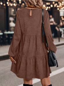 EMERY ROSE 女式圆领灯笼袖休闲百褶连衣裙 - 鏽棕色 - 查看 2