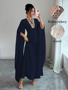 Rafferiza Women's Solid Color Elegant Dignified V-Neck Embroidered Collar Split Long Sleeve Maxi Dress, Suitable For Banquet, Daily Wear, Simple - Navy Blue - View 4