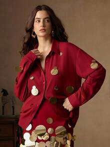 Anewsta Handmade Silver Sequin Embellished Versatile Chiffon Shirt, Spring - Burgundy - View 6