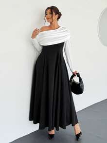 Firerie Plus Size Elegant Sophisticated Romantic Charming Formal Off-Shoulder Ruched Drawstring Waist A-Line Flare Hem Bodycon Long Sleeve Dress, Suitable For Dates, Parties, Balls, And Everyday Wear, New Design For Autumn/Winter - Black and White - View 2