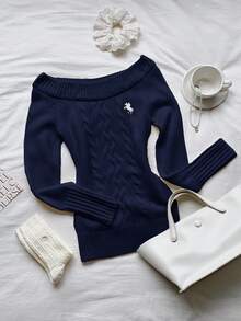 Comfortcana Plus Size Embroidered Twist Crew Neck Long Sleeve Sweater Jumper For Woman Women Sweater Women Sweaters Navy Blue Sweater Autumn Winter Clothes For Women Women Sweater Women Sweaters,Fall,Fall Clothes For Women - Navy Blue - View 5