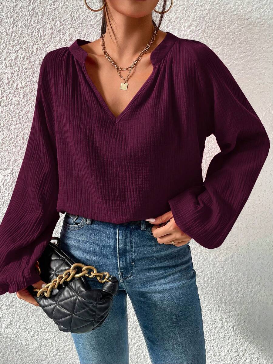 EMERY ROSE Áo sơ mi tay dài cổ chữ V trơn màu đơn sắc dành cho nữ - Màu tím - Xem 1