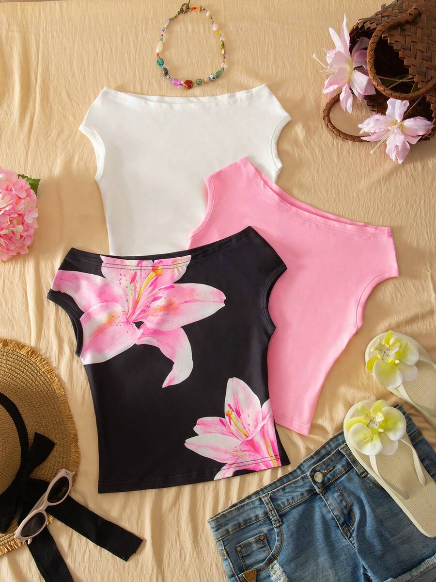3pcs/Set Girls' Vacation Off Shoulder Snug Fit Multicolor T-Shirts - Multicolor - View 1