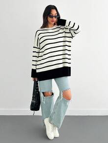 SHEIN Tall 女式黑白休闲毛衣，日常穿着，秋季，冬季 - 黑與白 - 查看 4