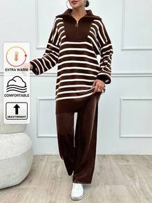 SHEIN Tall 条纹灯笼袖毛衣和针织裤 - 棕色 - 查看 1