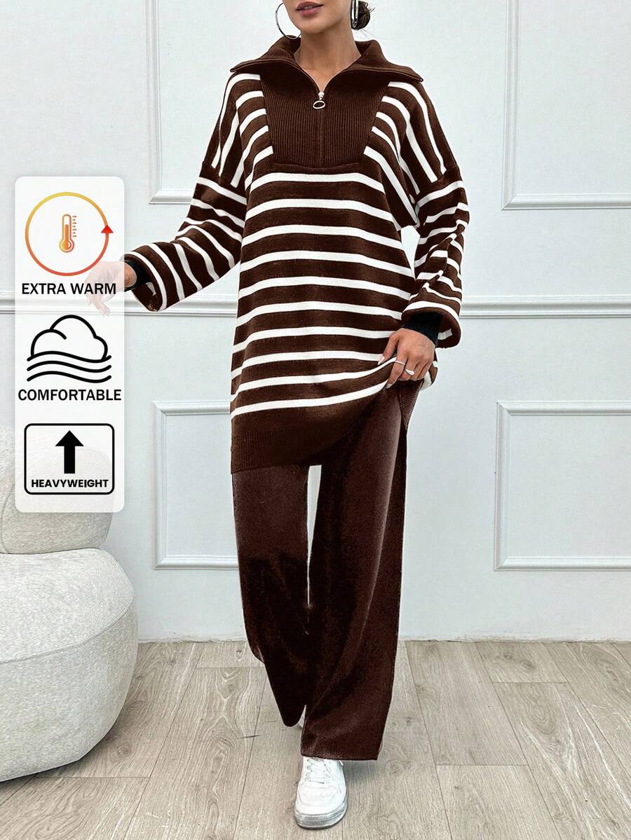 SHEIN Tall 条纹灯笼袖毛衣和针织裤 - 棕色 - 查看 1