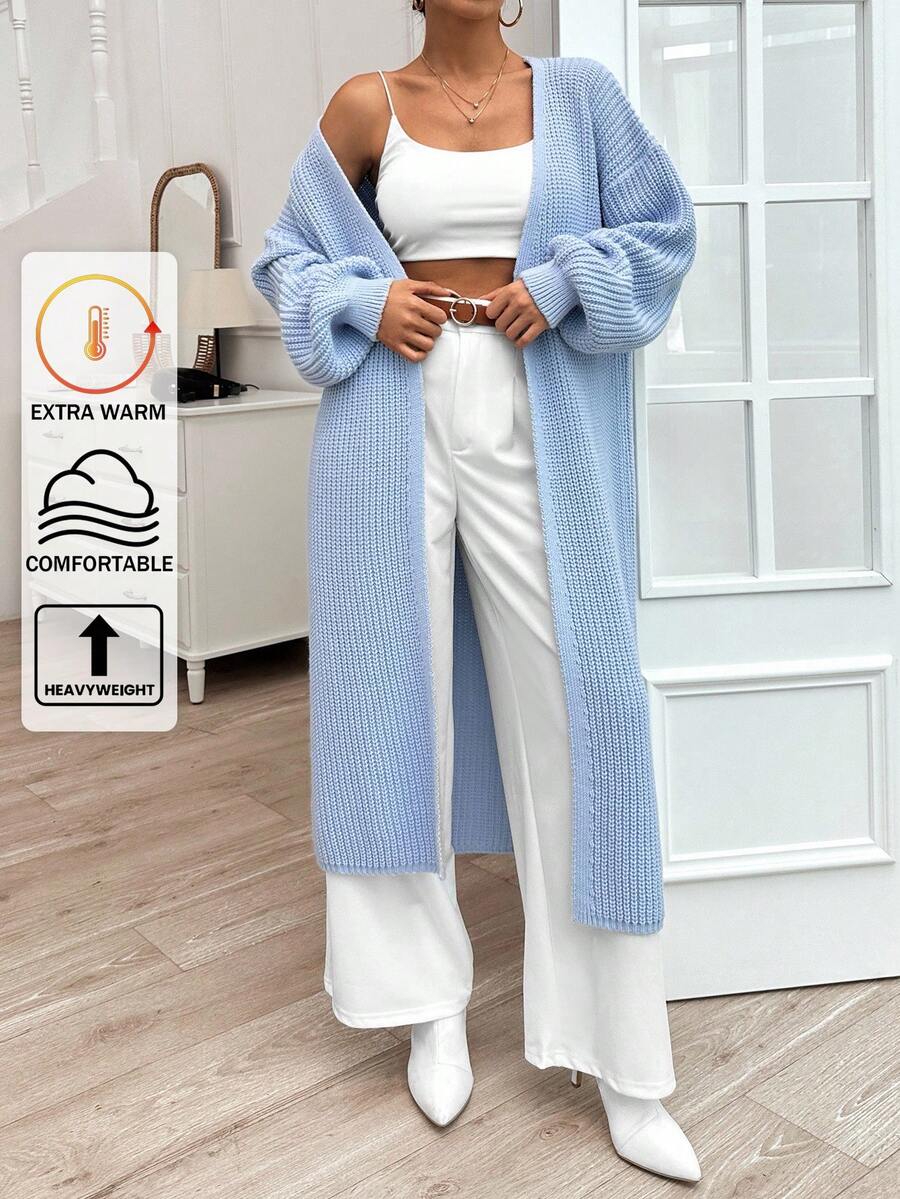 EURMUSE Plain Drop Shoulder Casual Long Cardigan, Perfect For Daily Outfits - Baby Blue - View 1
