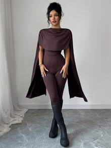 Rafferiza Women's Dark Brown Elegent Party Jumpsuit,Summer Shawl Collar Cape-Style High-Waisted Chic Two-Way Poncho Design Flowing Drape Retro Clothing - Coffee Brown - View 5