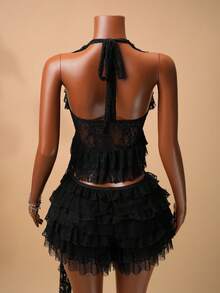SHEIN BamGlam Blusa con encaje transparente y volantes con diseño de medusa - Negro - Ver 2