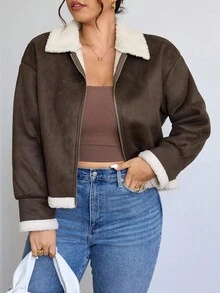 SHEIN Frenchy 加大码女式毛茸茸夹克，日常百搭深棕色保暖内衬厚外套，适合秋冬外出