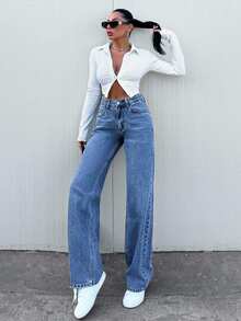 SHEIN Tall Jeans rectos de 100% algodón para mujer, talla alta - Azul - Ver 4