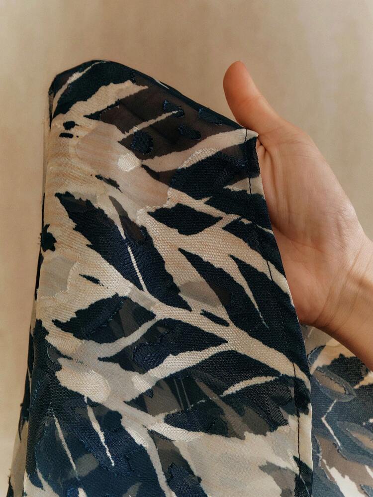 Vintage Elegant Tree Shadow & Leaf Tropical Print Chiffon Loose Long Sleeve Women Blouse