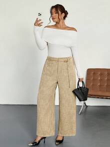 Firerie Pantalones casuales elegantes a juego para mujer de talla grande con cadena metálica y decoración de botones, adecuados para el trabajo, la oficina, el transporte, otoño/invierno - Caqui - Ver 1