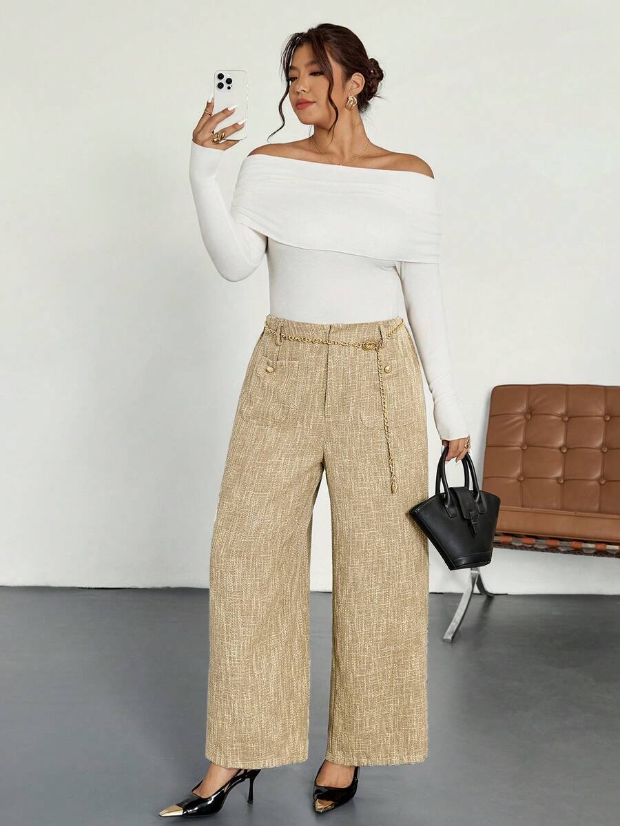 Firerie Pantalones casuales elegantes a juego para mujer de talla grande con cadena metálica y decoración de botones, adecuados para el trabajo, la oficina, el transporte, otoño/invierno - Caqui - Ver 1