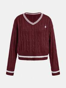 SHEIN Suéteres para adolescentes con cuello en V profundo, de manga larga, a rayas, casuales, elegantes y suaves, tops de manga larga - Burdeos - Ver 5