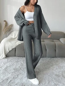 EURMUSE Women's Solid Button Front Cardigan And Wide Leg Knit Pants Set - Dark Grey - View 6