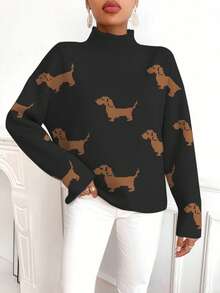 EMERY ROSE 女士休闲日常狗狗图案高领毛衣，秋冬款 - 黑色 - 查看 4