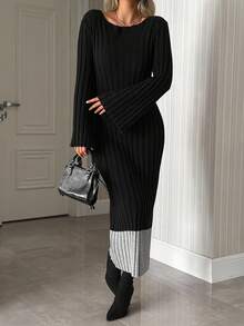 EURMUSE Vestito lungo in maglia a costine casual con collo a barca, a righe, maniche a campana, comodo e chic per tutti i giorni - Grigio - Visualizzare 4