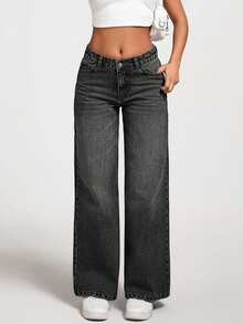 EURMUSE Quần jean ống đứng túi xéo giặt thường ngày cho nữ - Màu xám đen - Xem 6