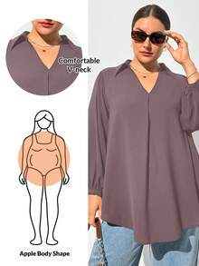 SHEIN Essnce Camisa negra de manga larga con cuello en V, suelta y cómoda, para mujer de talla grande en otoño e invierno, ropa de mujer para otoño, blusas de mujer, tops curvos, dinero viejo, blusas negras, ropa casual de oficina para mujer, atuendos de mujer, tops de mujer, regreso a casa, maestro, tops de trabajo - Marrón Mocha - Ver 1