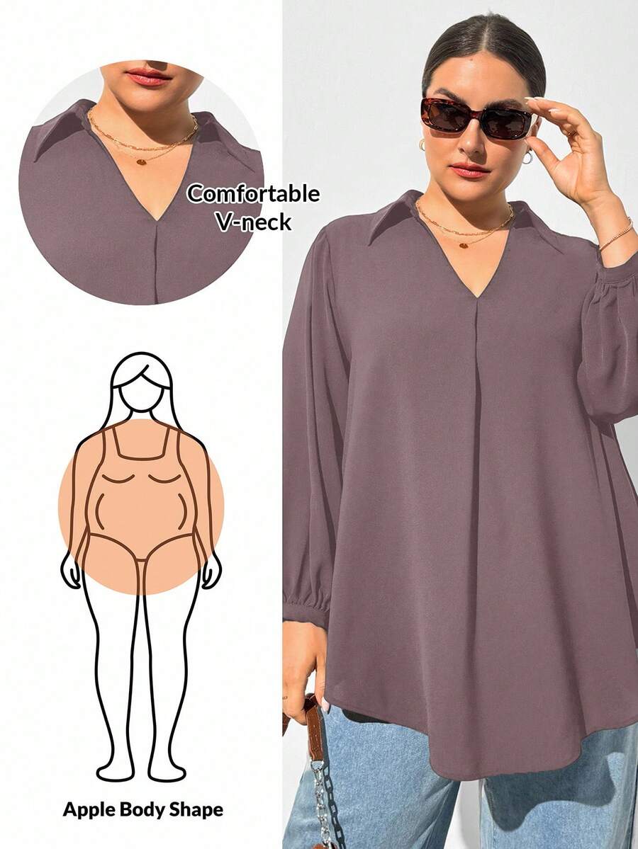 SHEIN Essnce Camisa negra de manga larga con cuello en V, suelta y cómoda, para mujer de talla grande en otoño e invierno, ropa de mujer para otoño, blusas de mujer, tops curvos, dinero viejo, blusas negras, ropa casual de oficina para mujer, atuendos de mujer, tops de mujer, regreso a casa, maestro, tops de trabajo - Marrón Mocha - Ver 1