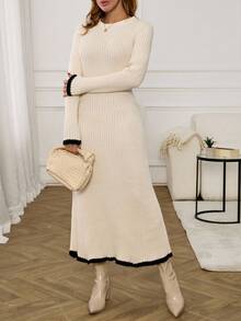 EURMUSE 女士长款荷叶边 A 字形毛衣裙，撞色滚边 - 奶油色 - 查看 4