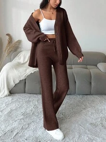 EURMUSE 2pcs Women Simple Front Button Long Sleeve Top And Pants Knit Sweater Set - Brown - View 6