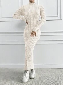 EURMUSE Women 2pcs Set Consisting Of Solid Color Long Sleeve Cardigan And Sleeveless Stand Collar Maxi Sweater Dress, Elegant For Autumn/Winter - White - View 2