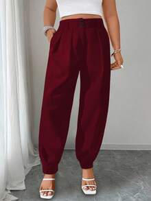 Elenzga Plus Size Solid Color Pleated Waist Belt Loop Casual Loose Fit Pants - Burgundy - View 8