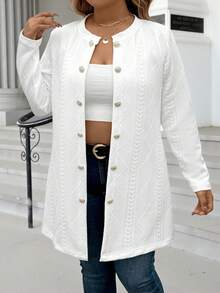 Calvaya Plus Size Women Casual Textured Fabric Solid Color Button Decor Jacket Fall Winter Cloth For Women Autumn - White - View 6