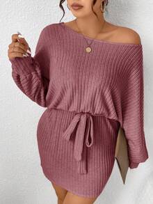 SHEIN Frenchy Plus Size Solid Color Crew Neck Ribbed Elegant Long Sleeve Dress - Burgundy - View 5