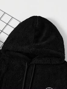 SHEIN Cottnline Men's Cartoon Smiling Face Embroidery Drawstring Hooded Fleece Sweatshirt, Autumn/Winter - Black - View 6