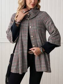 LanaWest Women's Gray Traceable Plaid Fabric High Collar Lapel Metal Button Design Loose Hem 3/4 Sleeve Elegant Classy Thanksgiving Halloween Streetwear Casual Boho Autumn/Winter New Fashion Versatile Loose Woolen Jacket - Orange - View 5