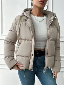 EURMUSE Zip Up Snap Button Drawstring Hooded Puffer Coat - Grey - View 5