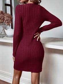 EMERY ROSE 女式休闲纯色罗纹长袖短款连衣裙 - 酒紅色 - 查看 2