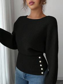 Elenzga Damen neue Herbst/Winter Einteiler Design Fledermausärmel hochwertig geknöpfter minimalistischer Alltagspullover mit Langarm