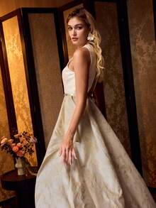 MOTF Soiréza ELEGANT FLORAL JACQUARD RUFFLE WAIST MAXI FORMAL DRESS FOR BANQUET, PARTY, EVENT - Apricot - View 5