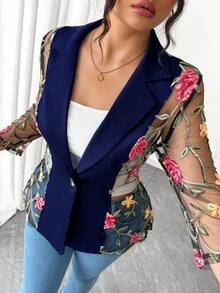 Elenzga Plus Size Women Colorful Floral Embroidered Long Sleeve Top - Navy Blue - View 7