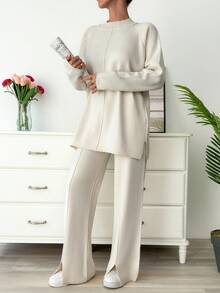 EURMUSE Women's Solid Color Stand Collar Raglan Sleeve Sweater And Knitted Relaxed Fit Pants Set, Fall Winter - Beige - View 3