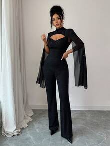 SHEIN Elenzya Women's Glittery Cape Sleeve Fashionable Black Jumpsuit - Black - View 5