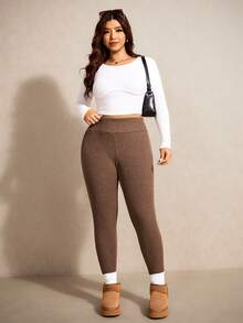 Elaquor Plus Size Women Brown Casual Solid Color Elastic Knit Leggings, Brown Pants For Women, Versatile All-Match Pants For Autumn/Winter - Apricot - View 4