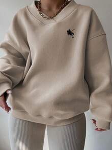 INAWLY 大码简约刺绣V领长袖运动衫