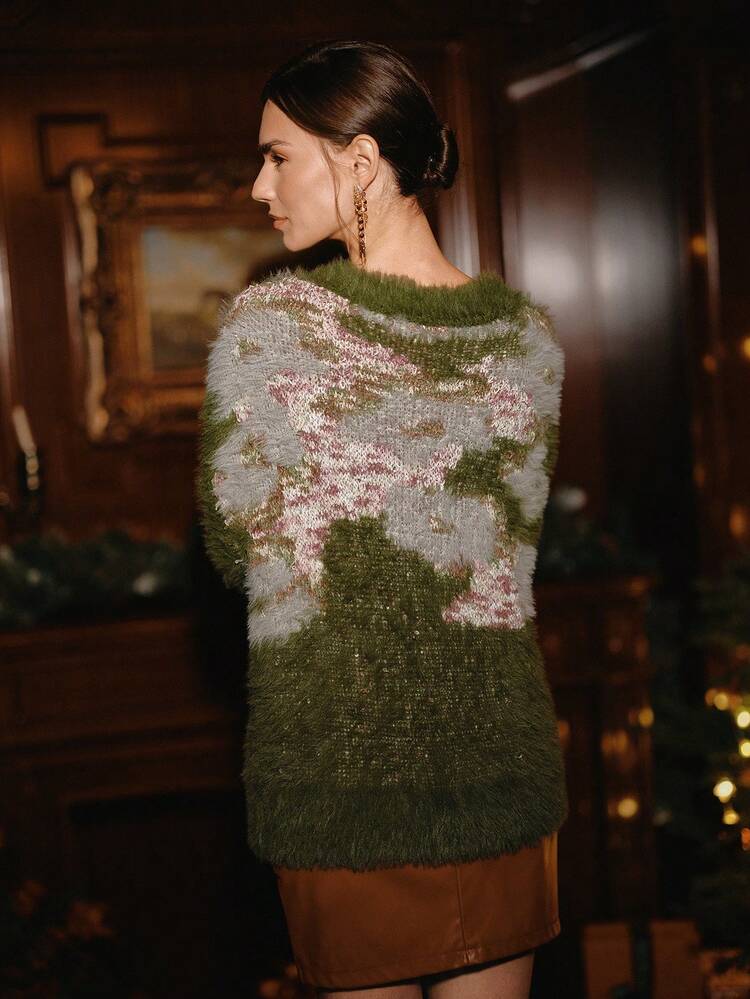 Women's Elegant Christmas & Halloween Vintage Colorblock Design Green Fuzzy V-Neck Long Sleeve Loose Cardigan With Colorful Sequin Decor