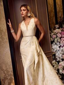 MOTF Soiréza ELEGANT FLORAL JACQUARD RUFFLE WAIST MAXI FORMAL DRESS FOR BANQUET, PARTY, EVENT - Apricot - View 7