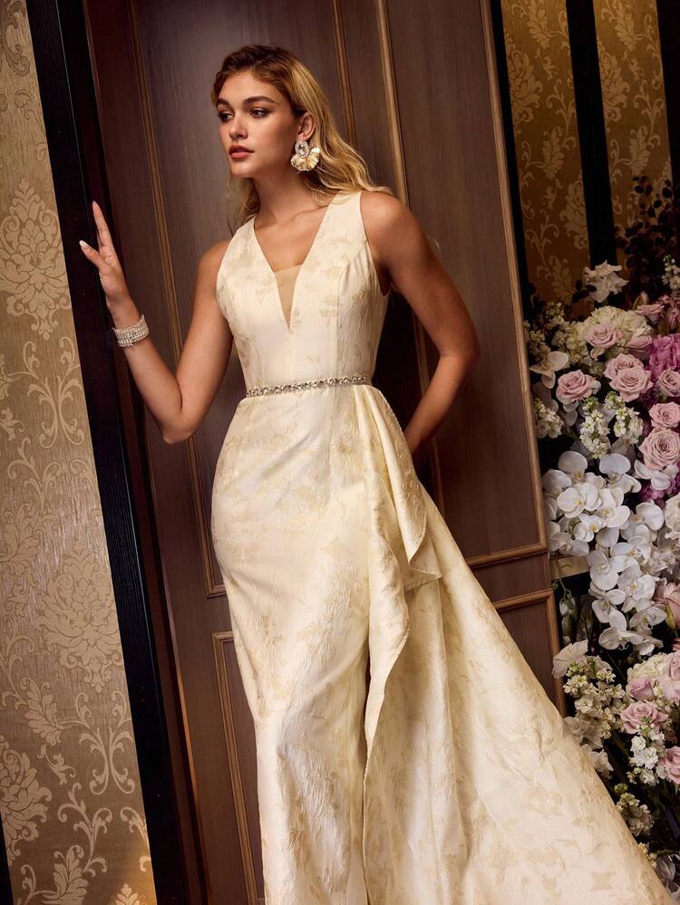 MOTF Soiréza Elegante abito da sera lungo con vita arricciata e motivo floreale jacquard, adatto per banchetti, feste ed eventi