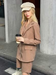 SHEIN 3pcs/Set Teen Girl Plain Single-Breasted Vest, Long Sleeve Blazer Jacket And Casual Shorts - Khaki - View 5