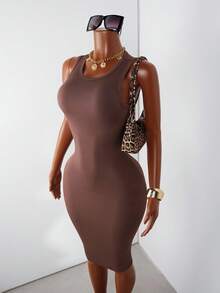 Zolique Solid Rib-Knit Bodycon Dress - Coffee Brown - View 4